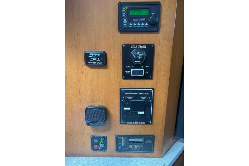  Yacht Photos Pics Control panel of a 2005 Island Packet 485 yacht with various switches and displays.
