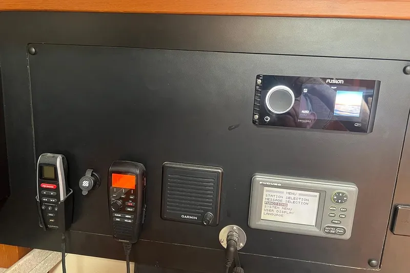  Yacht Photos Pics Control panel of a 2005 Island Packet 485 yacht with navigation and communication devices.