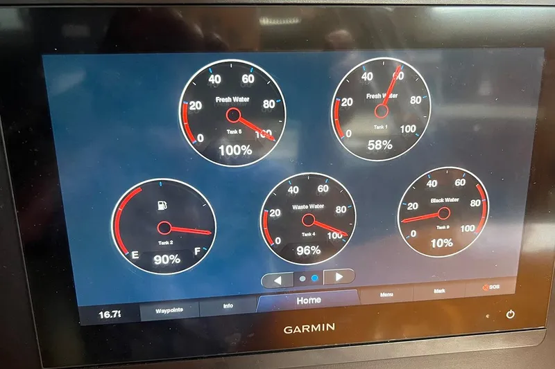  Yacht Photos Pics Garmin display showing tank levels on 2005 Island Packet 485 yacht.