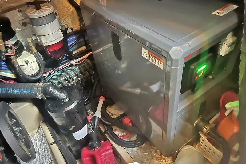  Yacht Photos Pics Engine compartment of a 2005 Island Packet 485 sailboat, featuring mechanical components and wiring.