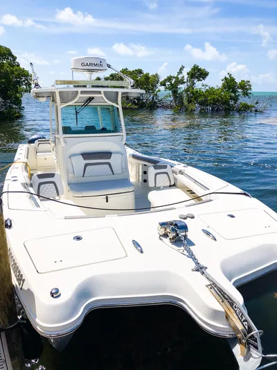  Yacht Photos Pics 2018 World Cat 320 CC boat docked on calm water with lush greenery.