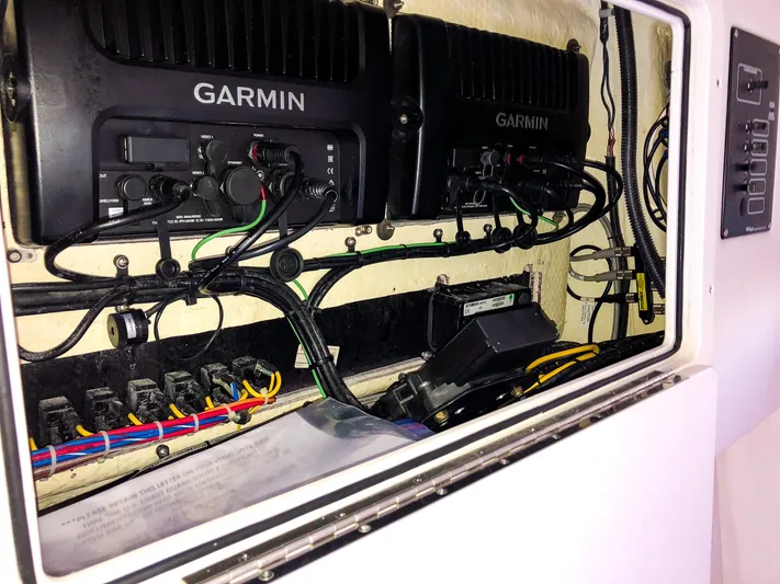  Yacht Photos Pics Electrical panel with Garmin devices on a 2018 World Cat 320 CC boat.