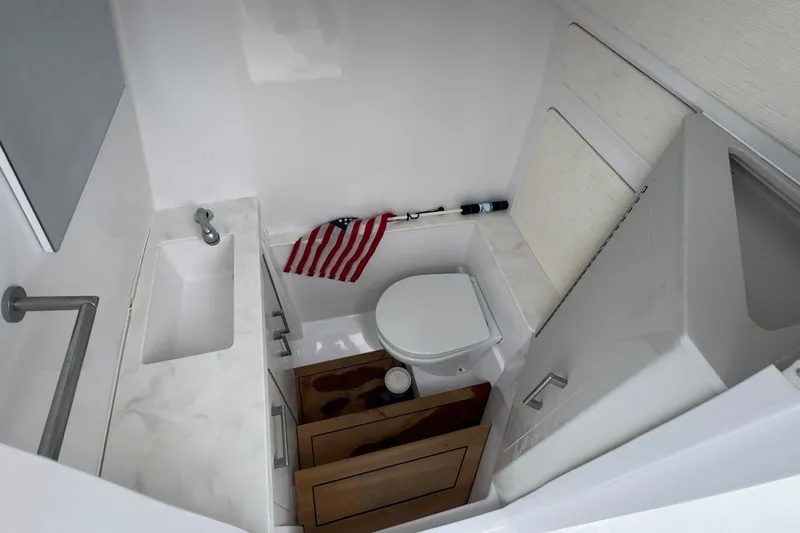  Yacht Photos Pics 2024 Jupiter 32 FS boat bathroom with sink, toilet, and American flag decor.