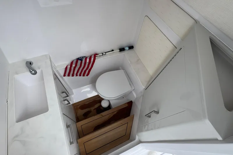  Yacht Photos Pics 2024 Jupiter 32 FS boat bathroom with sink, toilet, and American flag decor.