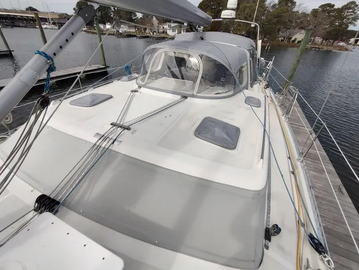 Seeker Yacht Photos Pics Sailboat docked at marina, Stevens Custom 53/56, 2005 model, with visible deck and rigging.