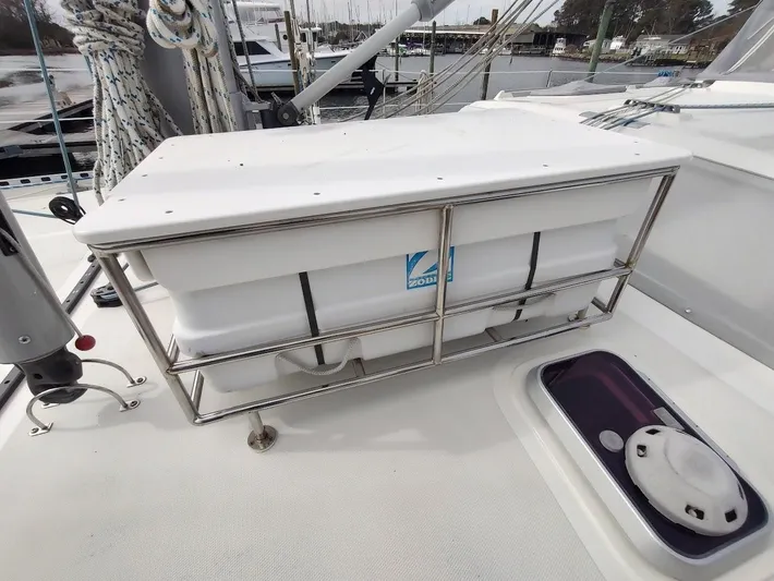 Seeker Yacht Photos Pics Deck of 2005 Stevens Custom 53/56 yacht with Zodiac storage box and nautical equipment.