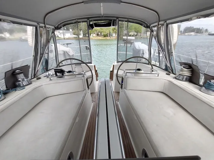 Seeker Yacht Photos Pics Interior view of 2005 Stevens Custom 53/56 yacht with dual steering wheels and seating.