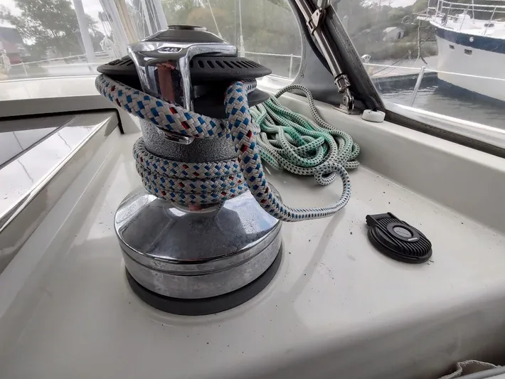 Seeker Yacht Photos Pics Sailboat winch with ropes on a 2005 Stevens Custom 53/56 yacht deck.