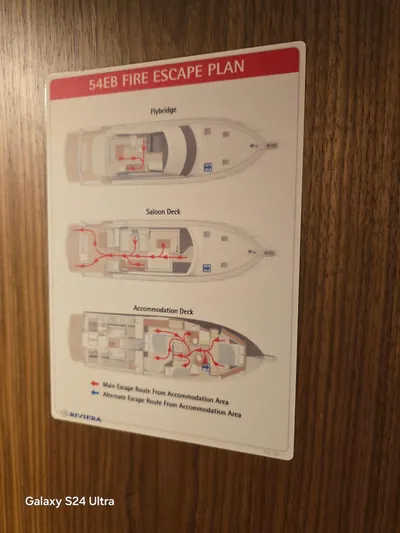 Ocean Driver Yacht Photos Pics Fire escape plan on Riviera 54 Enclosed Flybridge, 2022 model, showing routes on various decks.