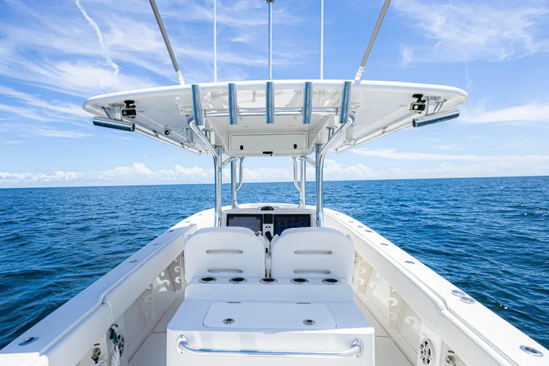 Bandit Yacht Photos Pics 2018 Jupiter 38 FS boat on open ocean under clear blue sky.