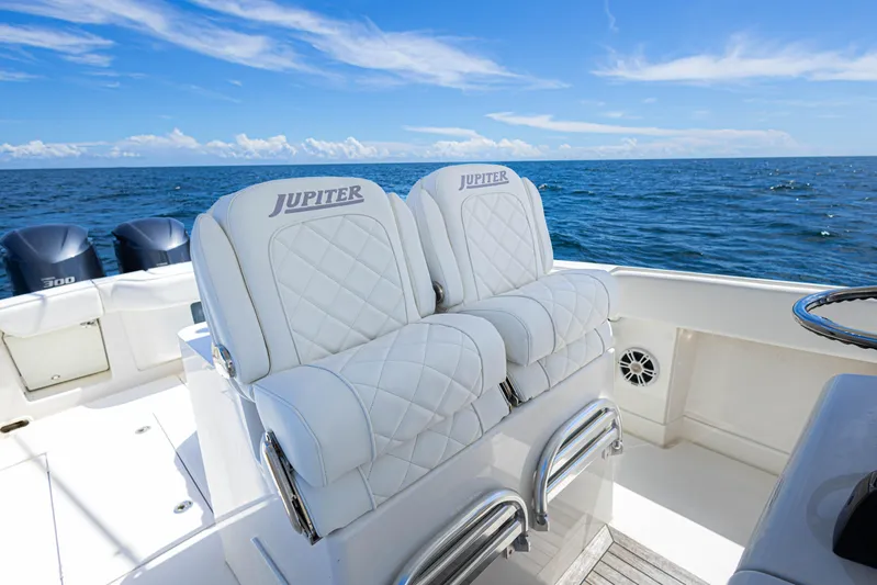 Bandit Yacht Photos Pics Luxury seating on 2018 Jupiter 38 FS boat with ocean view.