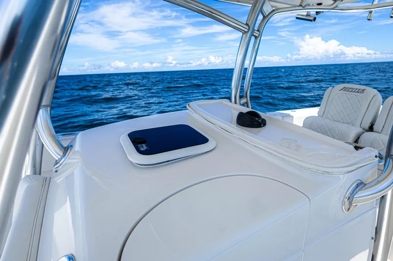 Bandit Yacht Photos Pics 2018 Jupiter 38 FS boat interior with ocean view, featuring sleek design and comfortable seating.