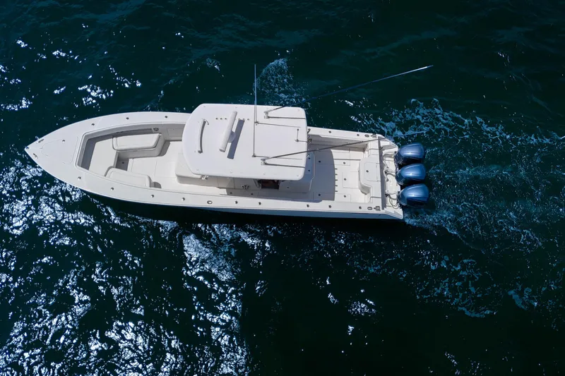 Bandit Yacht Photos Pics Aerial view of 2018 Jupiter 38 FS boat cruising on open water.