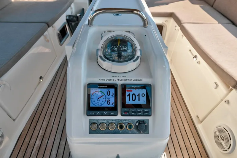 Dantari Yacht Photos Pics Cockpit of 2021 Jeanneau Sun Odyssey 440 with navigation instruments and compass.
