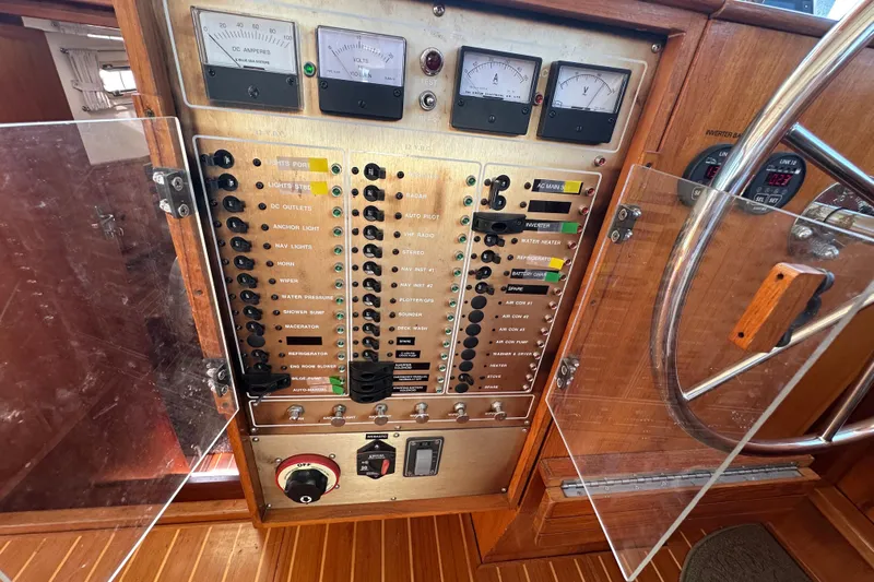 S.k.i Yacht Photos Pics Control panel of a 2000 Eagle 40 Pilothouse Trawler with gauges and switches.