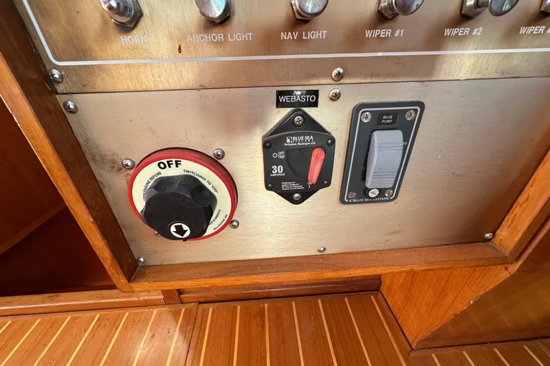S.k.i Yacht Photos Pics Control panel of a 2000 Eagle 40 Pilothouse Trawler with switches and dials.