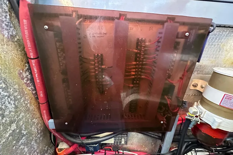 S.k.i Yacht Photos Pics Electrical panel inside a 2000 Eagle 40 Pilothouse Trawler, featuring wiring and components.