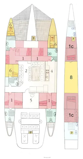 Conan Yacht Photos Pics 1988 Joubert Custom Trimaran floor plan with detailed layout and color-coded sections.