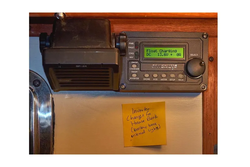  Yacht Photos Pics Control panel and speaker on 1983 Valiant 40 Selah boat with sticky note instructions.