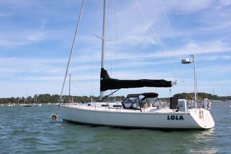 Lola Yacht Photos Pics 1995 J Boats J/130 sailboat on water, clear sky, named "LOLA".