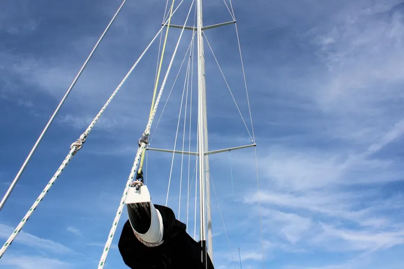 Lola Yacht Photos Pics Mast and rigging of 1995 J Boats J/130 sailboat against a clear blue sky.