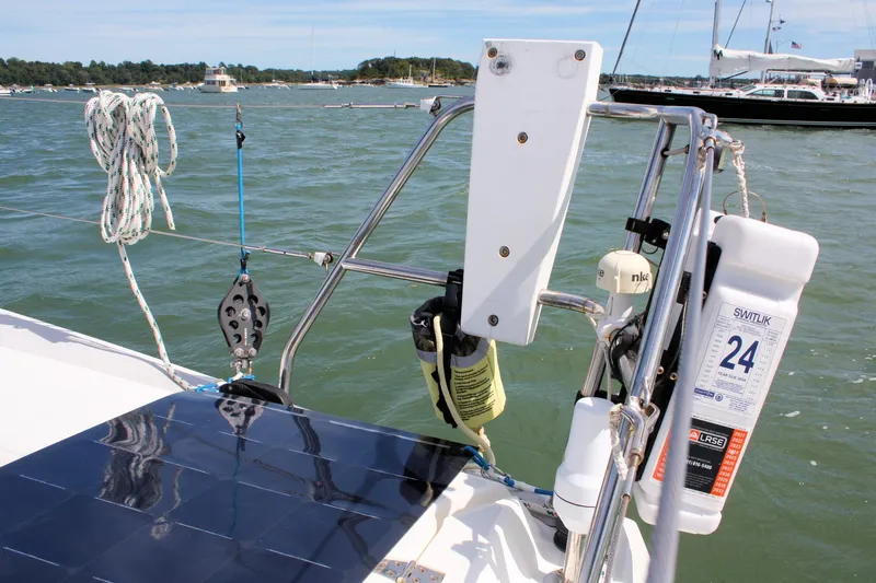 Lola Yacht Photos Pics Sailing equipment on a 1995 J Boats J/130 yacht, featuring ropes and safety gear.