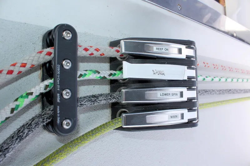 Lola Yacht Photos Pics Close-up of sailing rope clutches on a 1995 J Boats J/130 yacht.