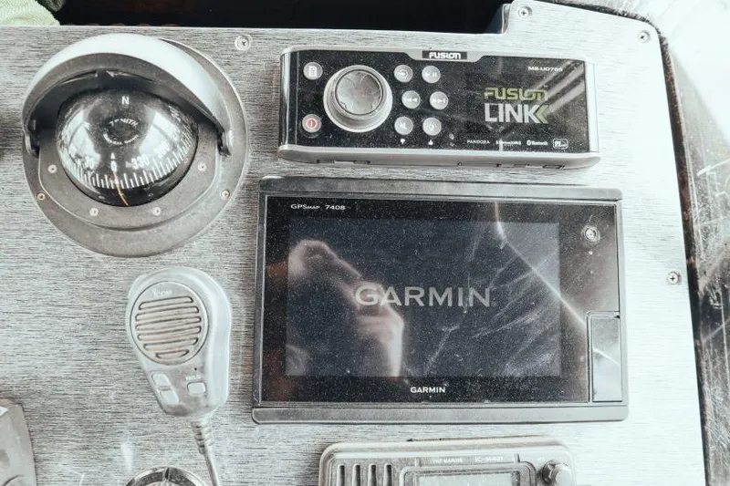  Yacht Photos Pics Dashboard of a 2008 Fabio Buzzi FB 38 with Garmin GPS and Fusion Link system.