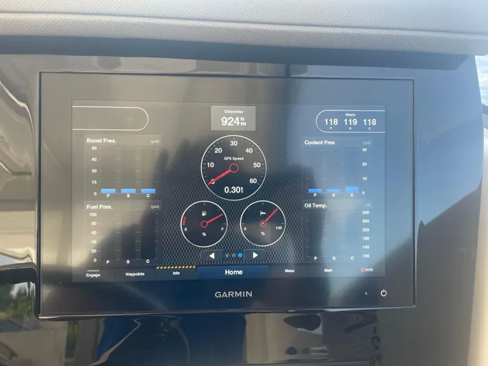Sea Hawk Yacht Photos Pics Garmin display on 2020 Pursuit OS 355 Offshore showing engine metrics and odometer.