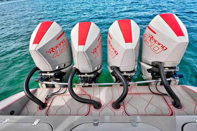  Yacht Photos Pics Four powerful Racing 450 outboard engines on a 2023 Midnight Express 43 Open boat.