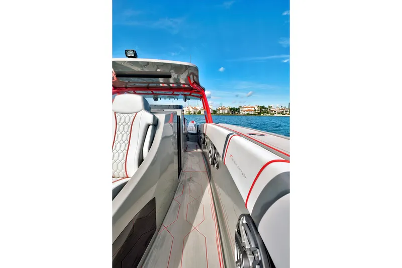  Yacht Photos Pics 2023 Midnight Express 43 Open boat interior with sleek design and waterfront view.