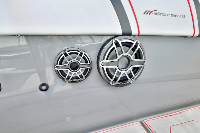  Yacht Photos Pics 2023 Midnight Express 43 Open boat speakers, featuring sleek JL Audio design.