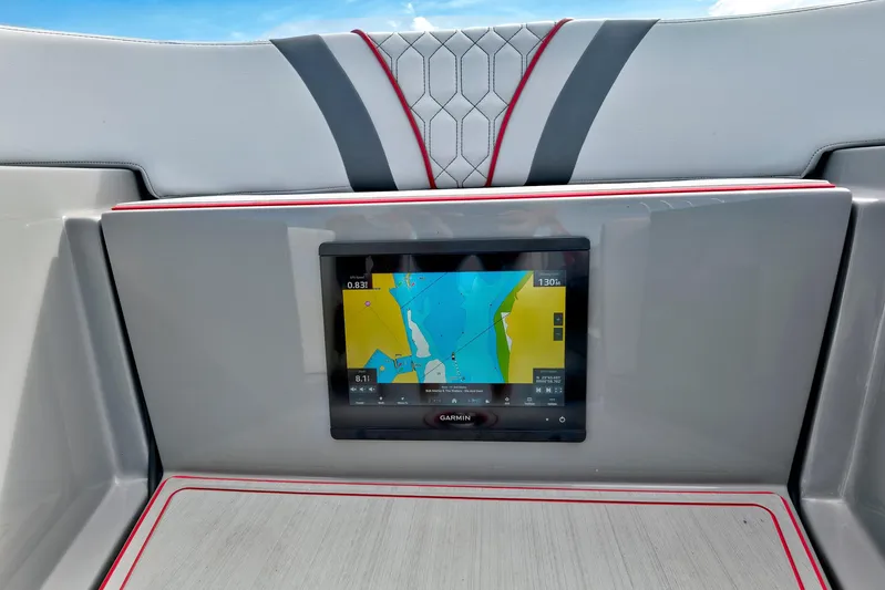  Yacht Photos Pics Garmin navigation display on 2023 Midnight Express 43 Open boat dashboard.