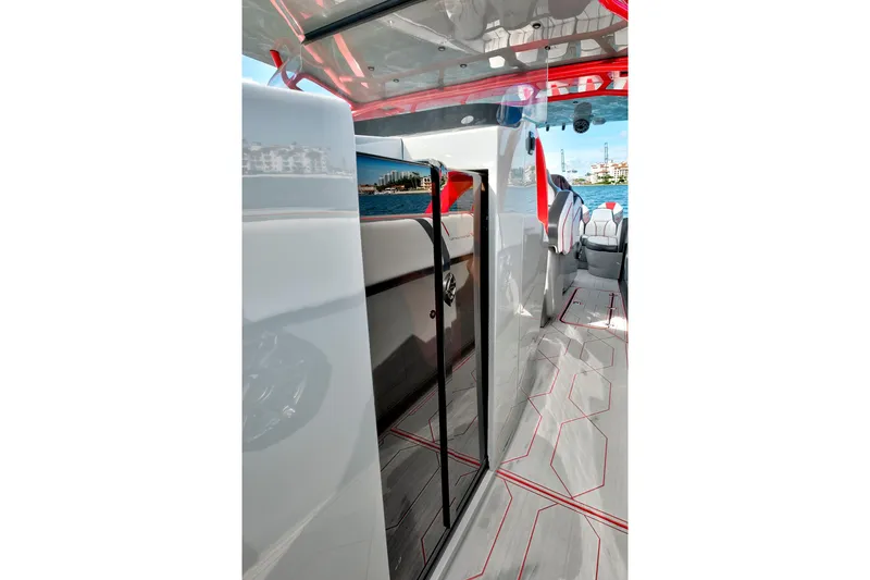  Yacht Photos Pics Interior of 2023 Midnight Express 43 Open boat with modern design and seating.