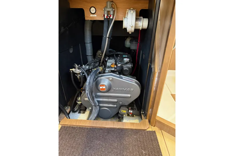 Falcor Yacht Photos Pics Engine compartment of 2013 Jeanneau Sun Odyssey 44 DS sailboat with Yanmar engine.