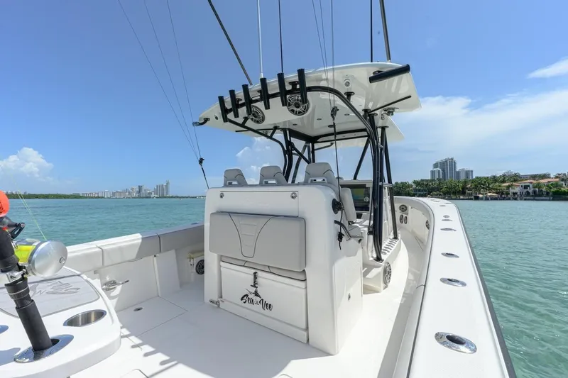  Yacht Photos Pics 2023 SeaVee 370Z boat on water, featuring sleek design and modern amenities.