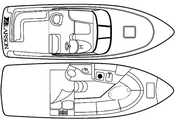 Line drawing of a 2001 Larson Cabrio 270 boat layout, showing interior and deck design.