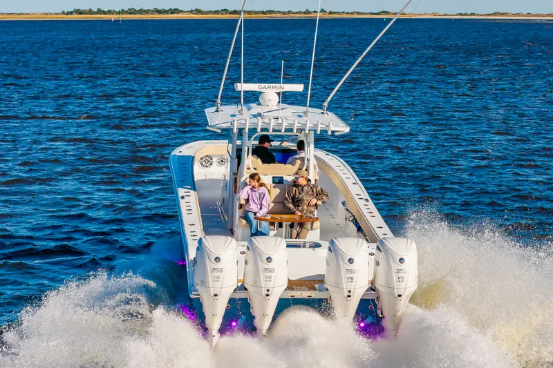 Krusty Krab II Yacht Photos Pics Freeman 38 boat 2025 on water with four engines.