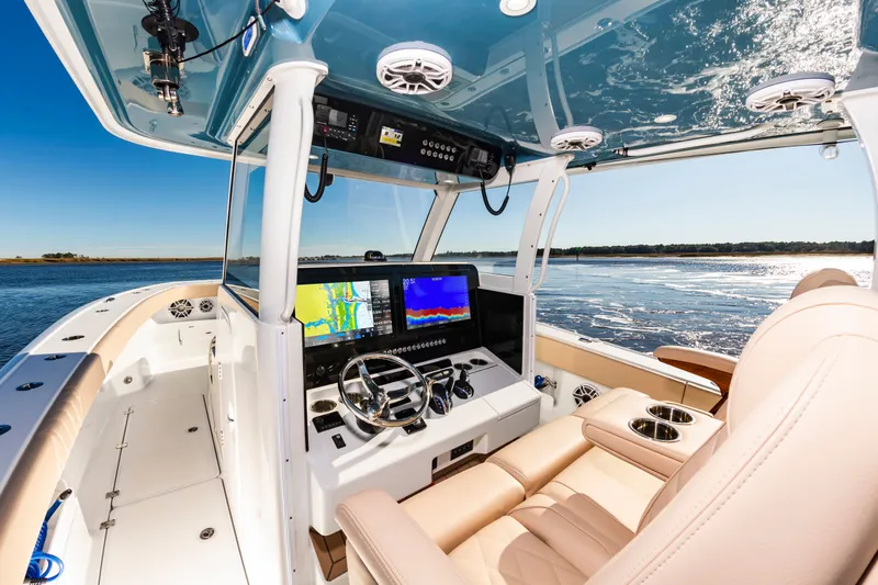 Krusty Krab II Yacht Photos Pics Interior of 2025 Freeman 38 boat with modern controls.