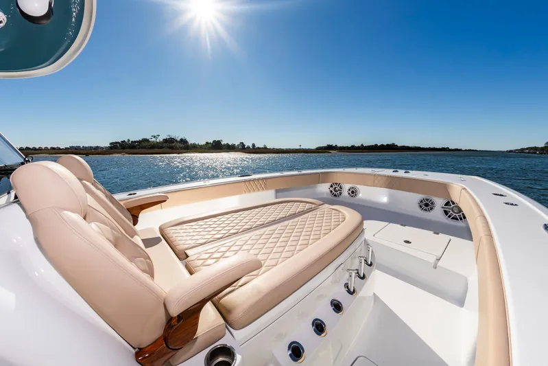 Krusty Krab II Yacht Photos Pics Luxurious interior of Freeman 38 yacht, 2025 model, on calm waters.