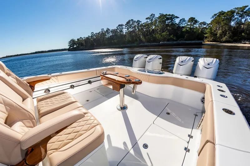 Krusty Krab II Yacht Photos Pics Luxurious interior of Freeman 38 yacht, 2025 model, on calm waters.