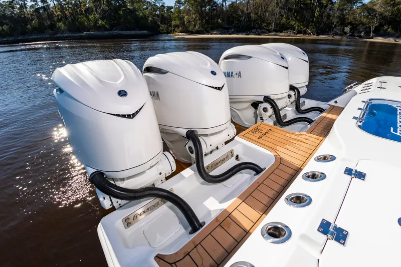 Krusty Krab II Yacht Photos Pics Freeman 38 boat with three Yamaha outboard motors, 2025 model.