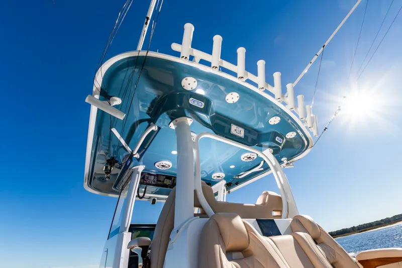 Krusty Krab II Yacht Photos Pics Freeman 38 boat 2025, modern design, blue sky, sunlight.