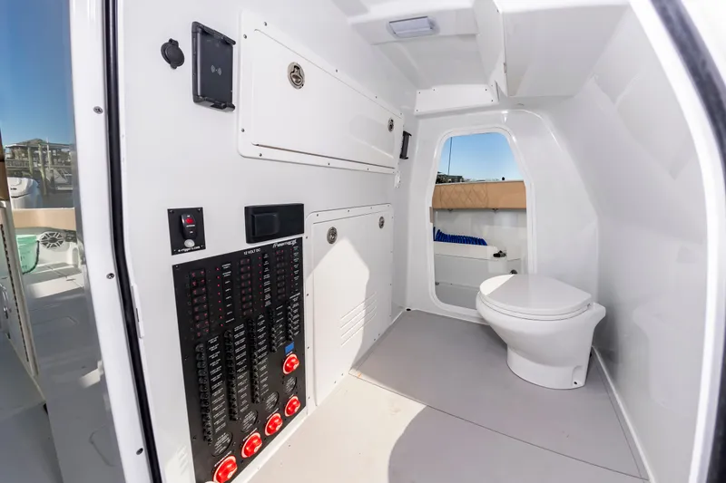 Krusty Krab II Yacht Photos Pics Interior of Freeman 38 yacht with toilet and control panel, year 2025.