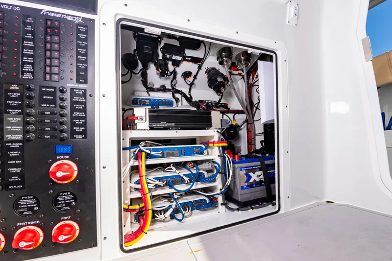 Krusty Krab II Yacht Photos Pics Electrical panel of a Freeman 38 boat, model year 2025.