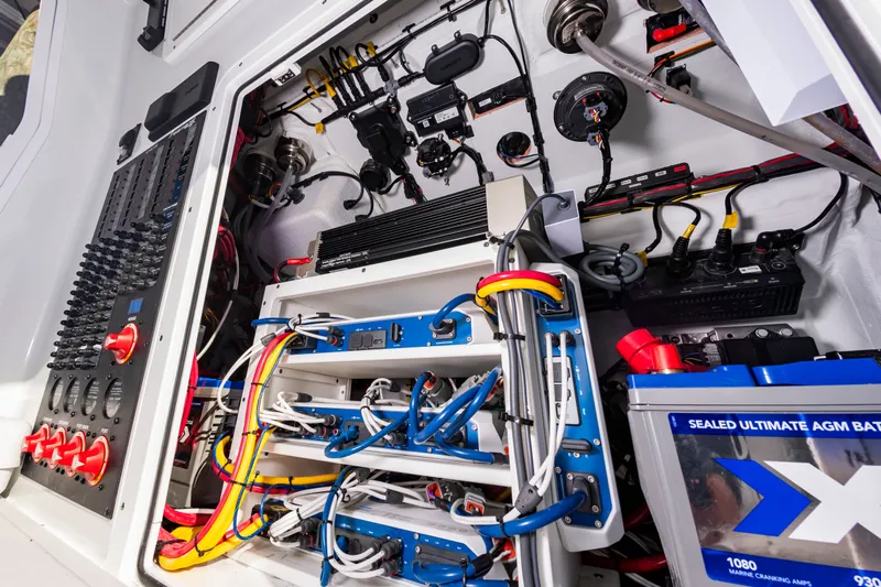 Krusty Krab II Yacht Photos Pics Electrical system of a Freeman 38 boat, 2025 model, featuring AGM batteries.