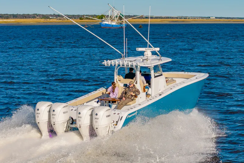 Krusty Krab II Yacht Photos Pics Freeman 38 boat 2025 on water with four engines.