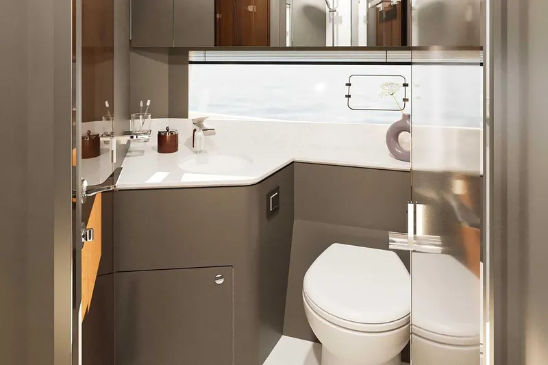 New Model For 2026 Yacht Photos Pics Luxurious bathroom in Fairline Targa 47 GT 2026 yacht model.