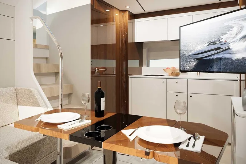New Model For 2026 Yacht Photos Pics Interior of 2026 Fairline Targa 47 GT with dining table and kitchen.