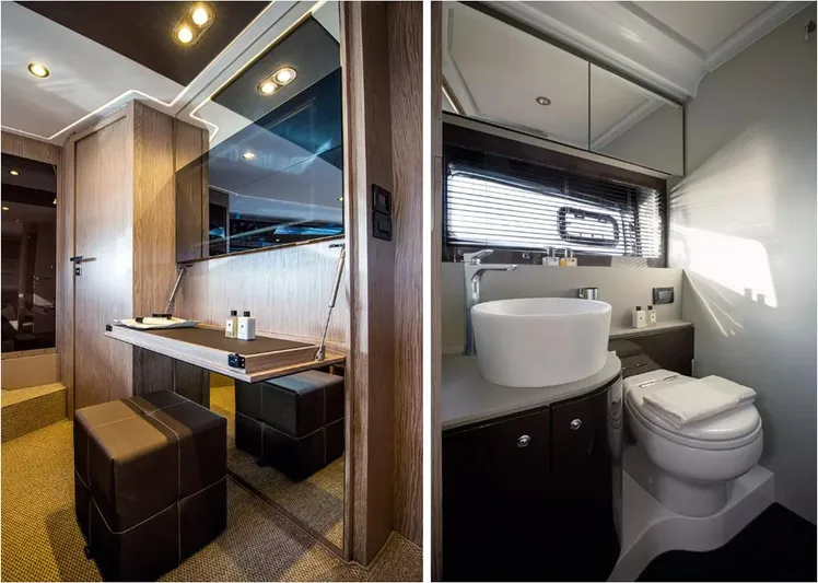  Yacht Photos Pics Luxurious interior of 2018 Azimut Atlantis 51 yacht featuring vanity and modern bathroom.